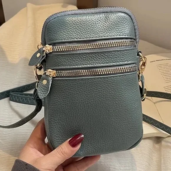 Genuine Leather Crossbody Phone Bag Womens NWT Blue Multi Pocket Travel - Picture 6 of 6